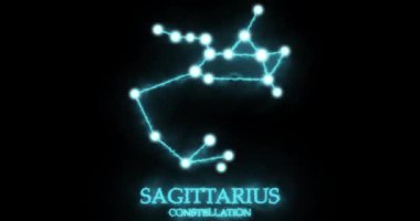 Yay takımyıldızı. Yay takımyıldızı. Işık ışınları, lazer ışığı, parlak mavi renk. Gece gökyüzünde yıldızlar. Yıldızlar ve galaksiler kümesi. Yatay bileşim, 4k video kalitesi