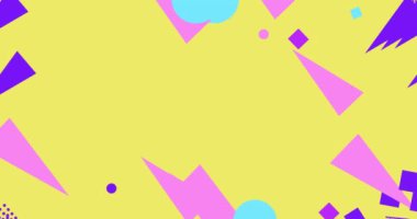 80 'lerin Memphis tarzında gradyan geometrik şekiller. Geometrik şekillerin hareketinin animasyonu. Sentetik retro arka plan. Geri dalga. Yatay bileşim, 4k video kalitesi