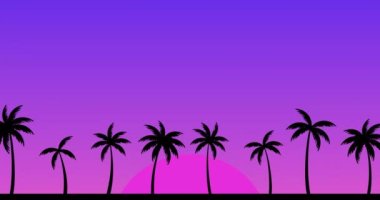 Güneşin doğuşunda ve batışında palmiye ağaçları olan tropik bir manzara. Palmiye ağaçlarının ve güneşin hareketlerinin animasyonu. 80 'lerin Retro tarzı. Yatay bileşim, 4k video kalitesi