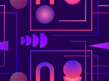 Memphis elementleriyle birlikte 80 'li yılların stili geometrik, pürüzsüz desen. Sentetik retro arka plan. Geri dalga. Kağıt, reklam materyali ve kumaş basımı için arka plan. Vektör illüstrasyonu