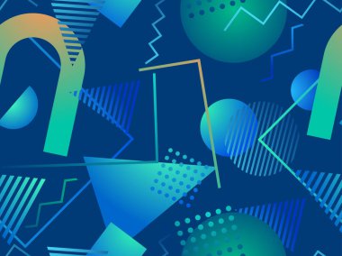 Memphis elementleriyle birlikte 80 'li yılların stili geometrik, pürüzsüz desen. Sentetik retro arka plan. Geri dalga. Kağıt, reklam materyali ve kumaş basımı için arka plan. Vektör illüstrasyonu