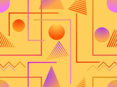 Memphis elementleriyle birlikte 80 'li yılların stili geometrik, pürüzsüz desen. Sentetik retro arka plan. Geri dalga. Kağıt, reklam materyali ve kumaş basımı için arka plan. Vektör illüstrasyonu