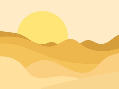 Minimalist tarzında kum tepeleri olan çöl manzarası. Sarı güneş düz tasarım. Parmak izleri, posterler ve iç tasarım için boho dekoru. Orta Çağ modern dekoru. Vektör illüstrasyonu