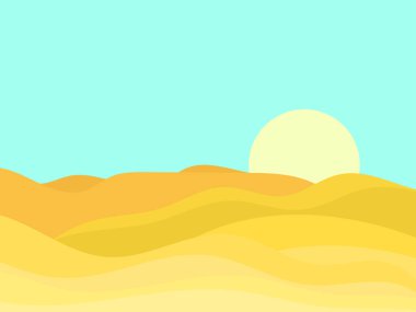 Minimalist tarzında kum tepeleri olan çöl manzarası. Sarı güneş düz tasarım. Parmak izleri, posterler ve iç tasarım için boho dekoru. Orta Çağ modern dekoru. Vektör illüstrasyonu