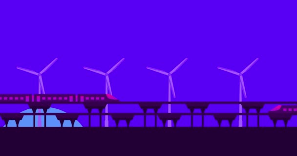 鉄道輸送と風車の動きアニメーション 列車と80年代レトロなSf風景 再生可能エネルギー クリーン電力生産 水平成分 4Kビデオ品質 — ストック動画