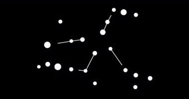 Herkül takımyıldızı. Gece gökyüzünde yıldızlar. Takımyıldızı siyah-beyaz olarak çizilmiş sanat tarzında. Yıldızlar ve galaksiler kümesi. Yatay bileşim, 4k video kalitesi