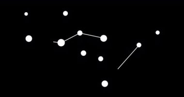 Lupus takımyıldızı. Gece gökyüzünde yıldızlar. Takımyıldızı siyah-beyaz olarak çizilmiş sanat tarzında. Yıldızlar ve galaksiler kümesi. Yatay bileşim, 4k video kalitesi