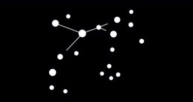 Perseus takımyıldızı. Gece gökyüzünde yıldızlar. Takımyıldızı siyah-beyaz olarak çizilmiş sanat tarzında. Yıldızlar ve galaksiler kümesi. Yatay bileşim, 4k video kalitesi