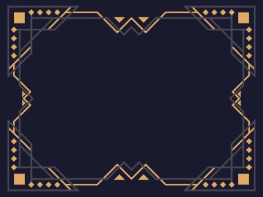 Art deco çerçeve. Klasik doğrusal sınır. Davetiyeler, broşürler ve tebrik kartları için bir şablon tasarla. Geometrik altın çerçeveli. 1920 'lerin tarzı - 1930' lar. Vektör illüstrasyonu