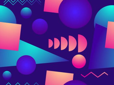 80 'li yıllarda Memphis elementleriyle birlikte geometrik kusursuz desen. Gradyan şekli. Kağıt, reklam materyali ve kumaş basımı için sentetik arka plan. Vektör illüstrasyonu