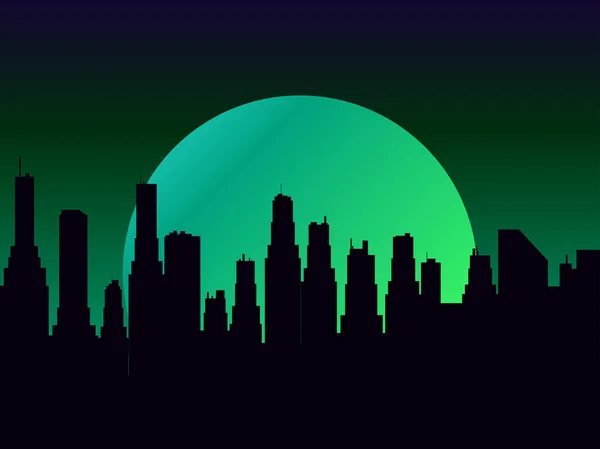 Νυχτερινό Τοπίο Ουρανοξύστες Και Πανσέληνο Μυστικιστικό Φεγγάρι Πράσινο Χρώμα Νυχτερινή — Διανυσματικό Αρχείο