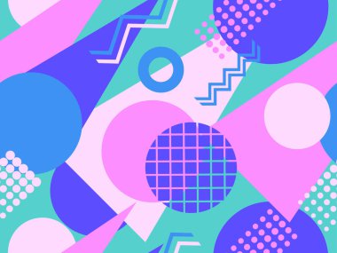 Memphis kusursuz desen. Geometrik elementler 80 'ler tarzında memphis. Kağıt, reklam materyali ve kumaş basmak için modaya uygun bir geçmişe dönüş. Vektör illüstrasyonu