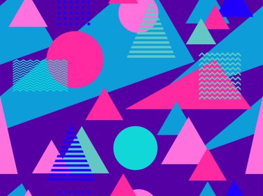 Memphis kusursuz desen. Geometrik elementler 80 'ler tarzında memphis. Kağıt, reklam materyali ve kumaş basmak için modaya uygun bir geçmişe dönüş. Vektör illüstrasyonu