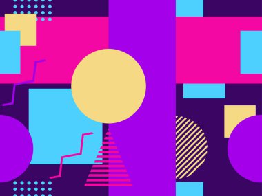 Memphis kusursuz desen. Geometrik elementler 80 'ler tarzında memphis. Kağıt, reklam materyali ve kumaş basmak için modaya uygun bir geçmişe dönüş. Vektör illüstrasyonu