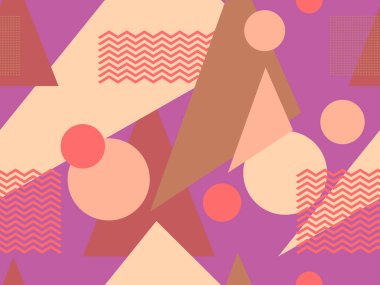 Memphis kusursuz desen. Geometrik elementler 80 'ler tarzında memphis. Kağıt, reklam materyali ve kumaş basmak için modaya uygun bir geçmişe dönüş. Vektör illüstrasyonu