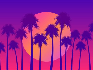 Avuç içleriyle tropik günbatımı ve 80 'lerin tarzında değişken güneş. Reklam broşürleri, afişler, posterler, seyahat acenteleri için tasarım. Vektör illüstrasyonu