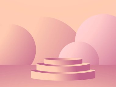 Geometrik şekilli minimalist tarzda 3D podyum. Ürün sunumu için son sınıf podyumu. Reklam kaidesi, düzen. Vektör illüstrasyonu