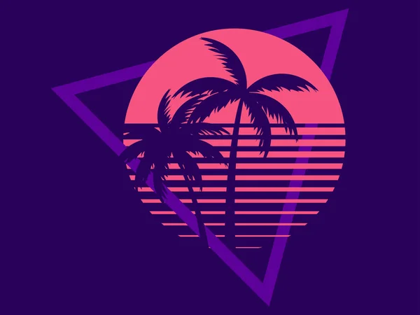 Dos Palmeras Contra Sol Estilo Los Años Synthwave Retrowave Diseño — Archivo Imágenes Vectoriales