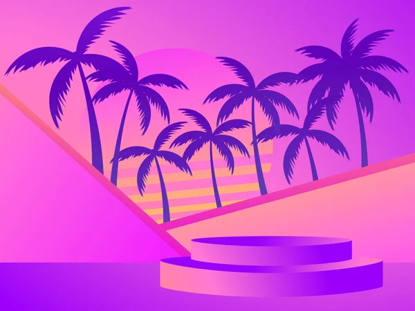 Stage Podium Style 80S Palm Trees Retro Sunset Gradient Podium — Stock Vector