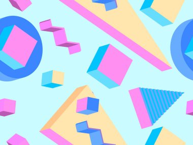 80lerin tarzında 3D izometrik geometrik şekilli kusursuz Memphis deseni. Promosyon ürünleri, ambalaj kağıdı ve baskı için arka plan. Vektör illüstrasyonu