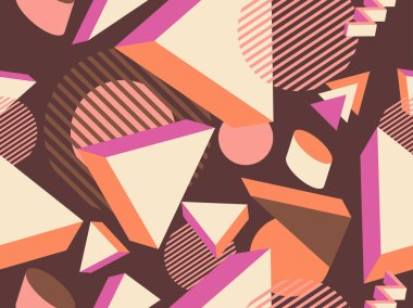 3 boyutlu geometrik şekilli, Memphis stilinde geometrik, pürüzsüz desen. Promosyon ürünleri, ambalaj kâğıdı ve baskı için 80 'lerin tarzında Isometric geometri. Vektör illüstrasyonu