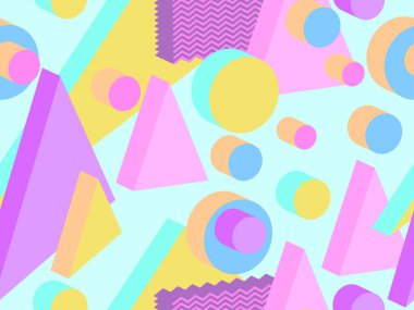 3 boyutlu geometrik şekilli, Memphis stilinde geometrik, pürüzsüz desen. Promosyon ürünleri, ambalaj kâğıdı ve baskı için 80 'lerin tarzında Isometric geometri. Vektör illüstrasyonu