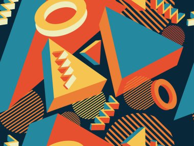 3 boyutlu geometrik şekilli, Memphis stilinde geometrik, pürüzsüz desen. Promosyon ürünleri, ambalaj kâğıdı ve baskı için 80 'lerin tarzında Isometric geometri. Vektör illüstrasyonu