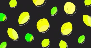 Siyah arka planda canlandırılmış limonlar. Sarı limonlar ve yeşil limonlar nabız atıyor. Yatay bileşim, 4k video kalitesi