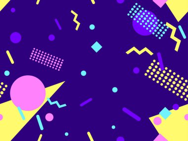 Memphis kusursuz desen. Geometrik elementler 80 'ler tarzında memphis. Kağıt, reklam materyali ve kumaş basmak için modaya uygun bir geçmişe dönüş. Vektör illüstrasyonu