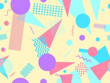 Memphis kusursuz desen. Geometrik elementler 80 'ler tarzında memphis. Kağıt, reklam materyali ve kumaş basmak için modaya uygun bir geçmişe dönüş. Vektör illüstrasyonu