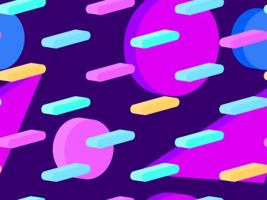 80lerin tarzında 3D izometrik geometrik şekilli kusursuz Memphis deseni. Promosyon ürünleri, ambalaj kağıdı ve baskı için arka plan. Vektör illüstrasyonu