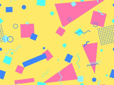 Memphis kusursuz desen. Geometrik elementler 80 'ler tarzında memphis. Kağıt, reklam materyali ve kumaş basmak için modaya uygun bir geçmişe dönüş. Vektör illüstrasyonu