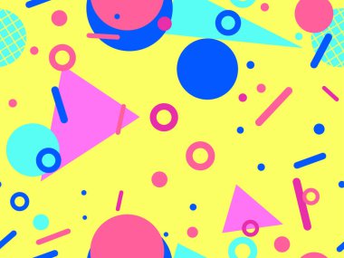 Memphis kusursuz desen. Geometrik elementler 80 'ler tarzında memphis. Kağıt, reklam materyali ve kumaş basmak için modaya uygun bir geçmişe dönüş. Vektör illüstrasyonu