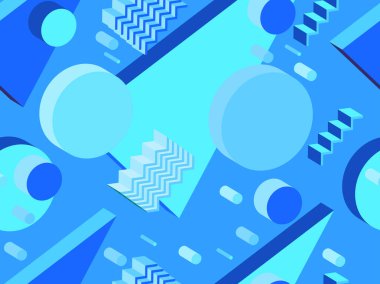 80lerin tarzında 3D izometrik geometrik şekilli kusursuz Memphis deseni. Promosyon ürünleri, ambalaj kağıdı ve baskı için arka plan. Vektör illüstrasyonu