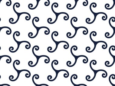 Triskele kusursuz desen. Beyaz arkaplanda siyah semboller var. Üçlü spiral sembol. Kağıda, afişe ve reklam malzemelerine basmak için Keltçe işaret. Vektör illüstrasyonu