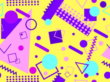 Memphis kusursuz desen. Geometrik elementler 80 'ler tarzında memphis. Kağıt, reklam materyali ve kumaş basmak için modaya uygun bir geçmişe dönüş. Vektör illüstrasyonu