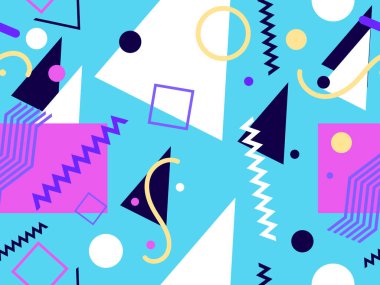 Memphis kusursuz desen. Geometrik elementler 80 'ler tarzında memphis. Kağıt, reklam materyali ve kumaş basmak için modaya uygun bir geçmişe dönüş. Vektör illüstrasyonu