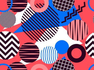 80 'lerden kalma Memphis tarzında, geometrik, pürüzsüz desen. Zigzag ve geometrik şekilli daireler. Ambalaj kağıdı, reklam malzemeleri ve kumaşlar için arka plan. Vektör illüstrasyonu