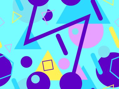 Memphis kusursuz desen. Geometrik elementler 80 'ler tarzında memphis. Kağıt, reklam materyali ve kumaş basmak için modaya uygun bir geçmişe dönüş. Vektör illüstrasyonu