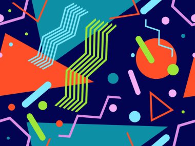 Memphis kusursuz desen. Geometrik elementler 80 'ler tarzında memphis. Kağıt, reklam materyali ve kumaş basmak için modaya uygun bir geçmişe dönüş. Vektör illüstrasyonu