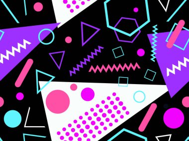 Memphis kusursuz desen. Geometrik elementler 80 'ler tarzında memphis. Kağıt, reklam materyali ve kumaş basmak için modaya uygun bir geçmişe dönüş. Vektör illüstrasyonu