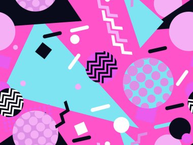 80 'lerden kalma Memphis tarzında, geometrik, pürüzsüz desen. Zigzag ve geometrik şekilli daireler. Ambalaj kağıdı, reklam malzemeleri ve kumaşlar için arka plan. Vektör illüstrasyonu