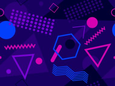 Memphis kusursuz desen. Geometrik elementler 80 'ler tarzında memphis. Kağıt, reklam materyali ve kumaş basmak için modaya uygun bir geçmişe dönüş. Vektör illüstrasyonu