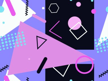 Memphis kusursuz desen. Geometrik elementler 80 'ler tarzında memphis. Kağıt, reklam materyali ve kumaş basmak için modaya uygun bir geçmişe dönüş. Vektör illüstrasyonu