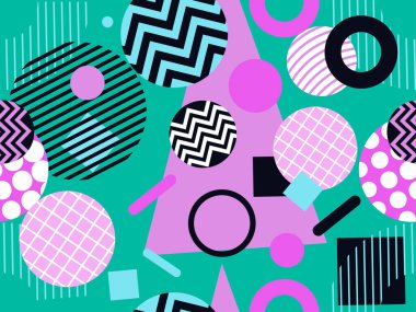 80 'lerden kalma Memphis tarzında, geometrik, pürüzsüz desen. Zigzag ve geometrik şekilli daireler. Ambalaj kağıdı, reklam malzemeleri ve kumaşlar için arka plan. Vektör illüstrasyonu