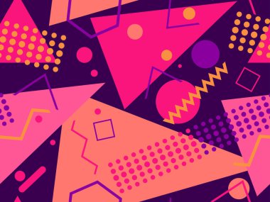 Memphis kusursuz desen. Geometrik elementler 80 'ler tarzında memphis. Kağıt, reklam materyali ve kumaş basmak için modaya uygun bir geçmişe dönüş. Vektör illüstrasyonu