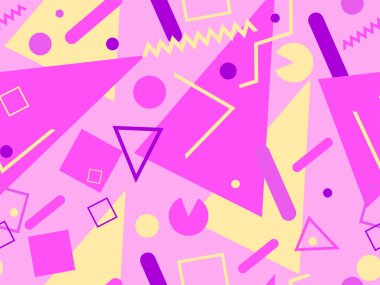 Memphis kusursuz desen. Geometrik elementler 80 'ler tarzında memphis. Kağıt, reklam materyali ve kumaş basmak için modaya uygun bir geçmişe dönüş. Vektör illüstrasyonu