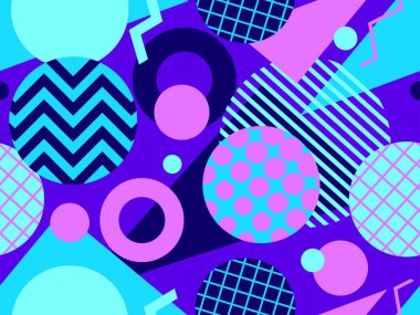 80 'lerden kalma Memphis tarzında, geometrik, pürüzsüz desen. Zigzag ve geometrik şekilli daireler. Ambalaj kağıdı, reklam malzemeleri ve kumaşlar için arka plan. Vektör illüstrasyonu