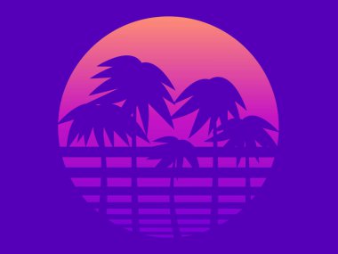 Palmiye ağaçları, 80 'lerin tarzında değişen bir güneşe karşı. Retro bilim kurgu günbatımı. Sentetik dalga ve retrodalga tarzı. Reklam broşürleri, afişler, posterler, seyahat acenteleri için tasarım. Vektör illüstrasyonu