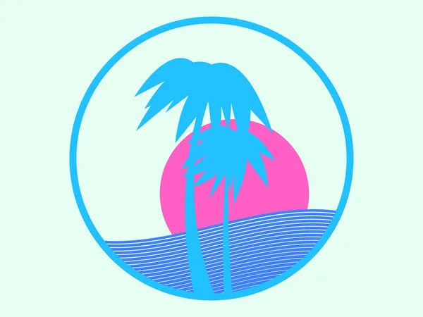 Palmy Vlny Slunce Bílém Pozadí Tropické Logo Siluetami Palem Plochém — Stockový vektor